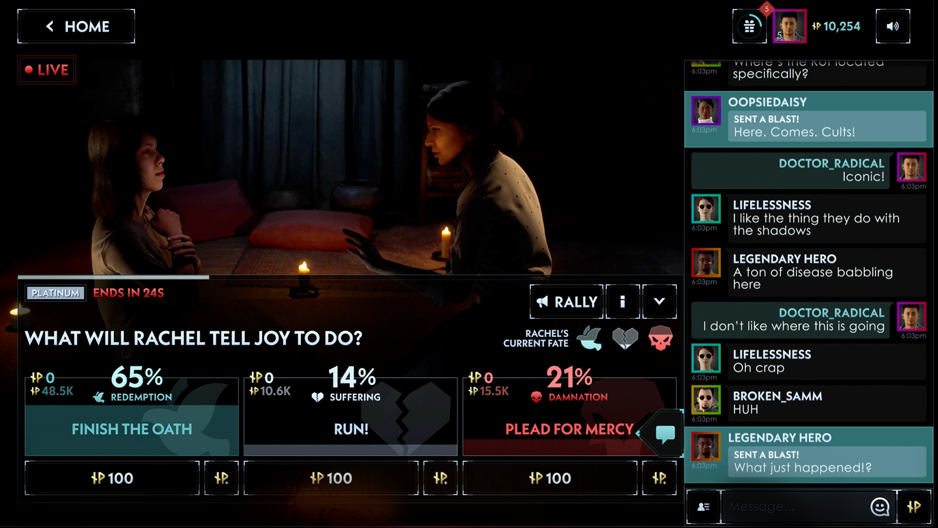 Screenshot of the Silent Hill: Ascension live interactive interface showing a scene with two characters, a live audience vote prompt reading 'What will Rachel tell Joy to do?', and three choice options — Finish the Oath (65%), Run! (14%), and Plead for Mercy (21%) — alongside a live chat feed.